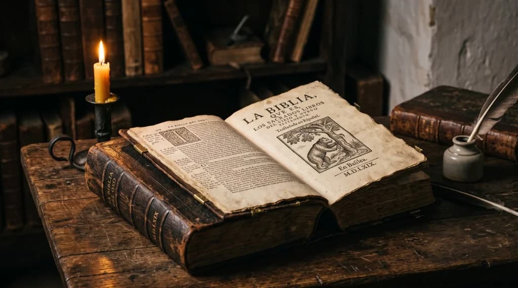 Edición histórica de la Biblia del Oso de 1569 sobre mesa de madera con vela y pluma