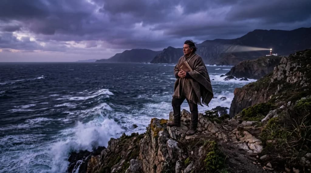 El Atalaya en la Tempestad sosteniendo la Biblia ante el mar y el faro en la costa de Chile